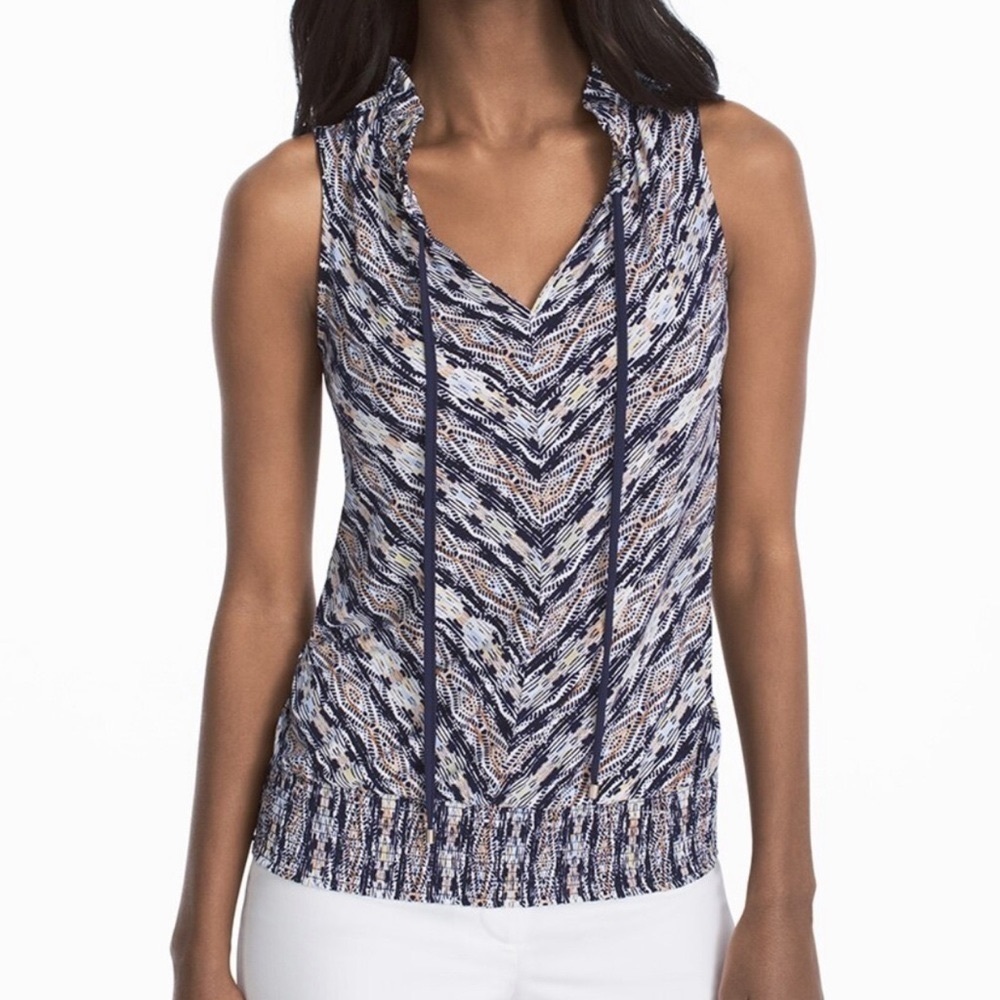 White House Black Market Navy and White Printed Sleeveless Ruffle Neck Blouse